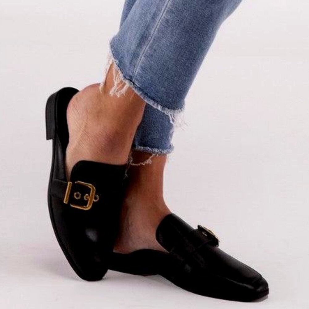 Women's Black Size 9 Buckle Backless Slide on Loafer Shoes